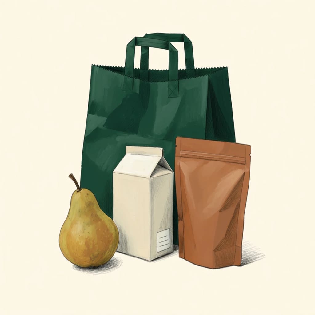 Pencil-and-gouache-style illustration of a forest-green grocery bag, cream carton, terracotta food pouch, and pear.